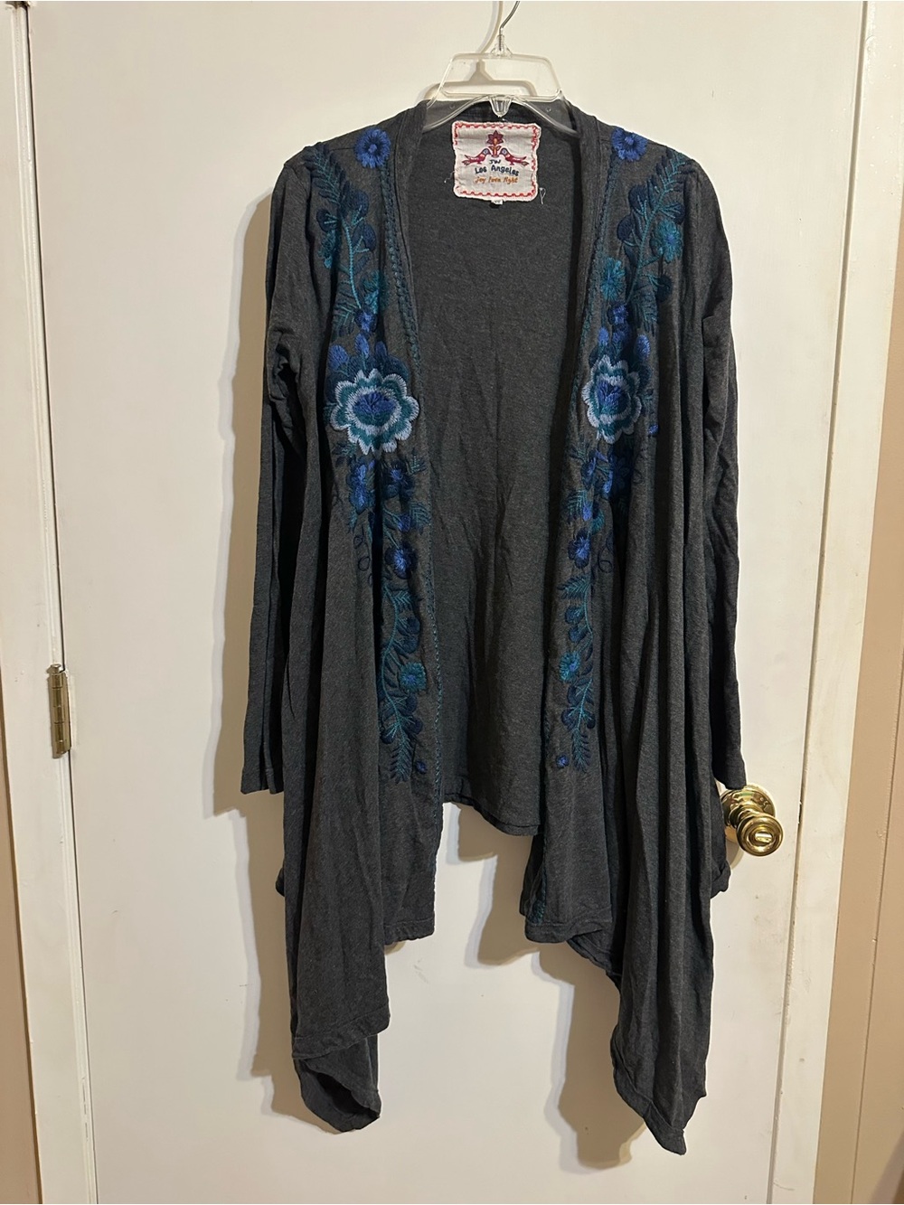 Johnny Was Charcoal Cardigan with Blue Floral Embroidery